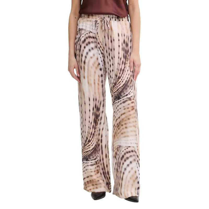 Guess women dalia fluid jogger pant beige lyocell wide-leg trousers with flowing abstract beige and brown animal print