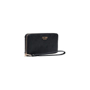 Black guess diana large zip wallet in polyurethane with embossed logo and gold-tone zipper pull, 21cm size