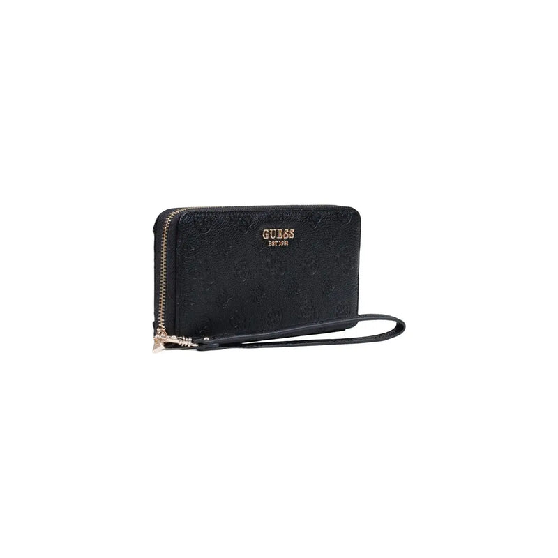 Black guess diana large zip wallet in polyurethane with embossed logo and gold-tone zipper pull, 21cm size