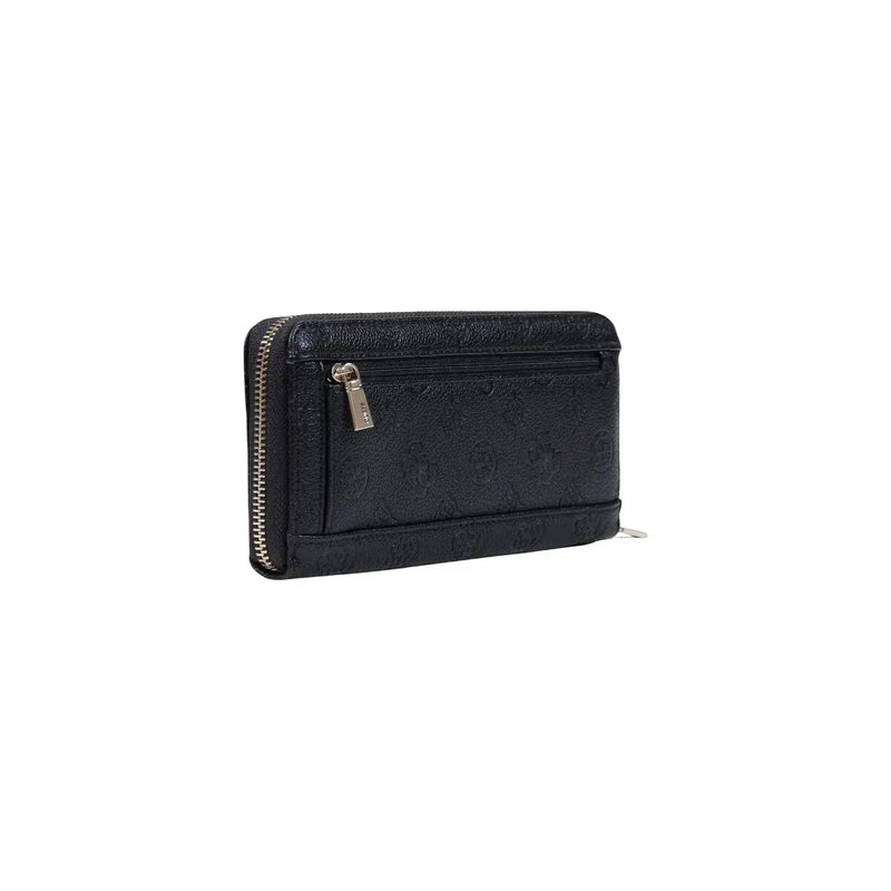 Guess women Diana large zip black polyurethane wallet with embossed monogram pattern and silver-toned zipper hardware
