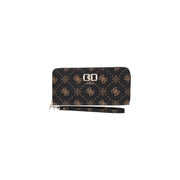 Black guess women emelie logo wallet with gold-toned logo pattern, brown zip pocket, and matching wrist strap w22cm