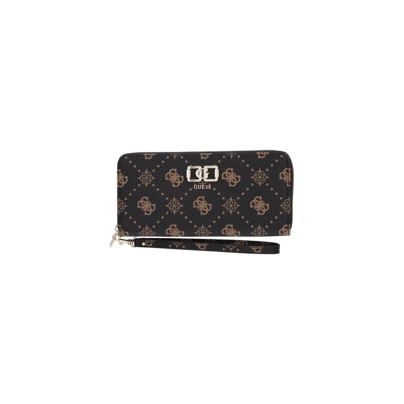 Black guess women emelie logo wallet with gold-toned logo pattern, brown zip pocket, and matching wrist strap w22cm