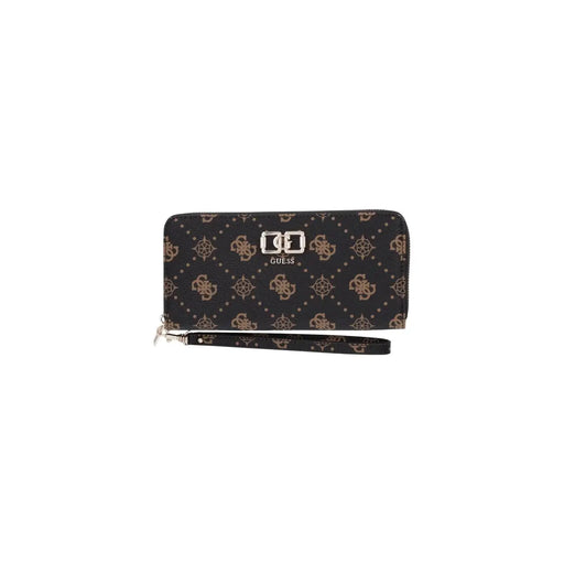 Black guess women emelie logo wallet with gold-toned logo pattern, brown zip pocket, and matching wrist strap w22cm