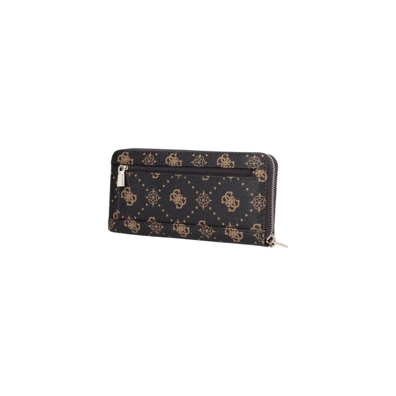Guess women Emelie logo wallet in black with gold-toned logo pattern and silver zipper pulls for organized storage