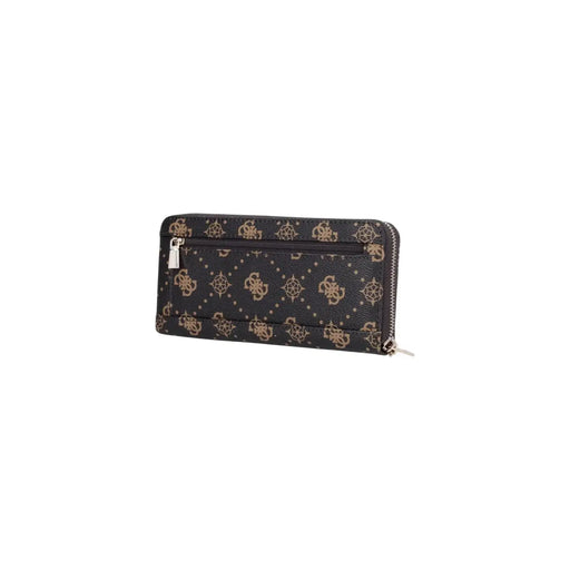 Guess women Emelie logo wallet in black with gold-toned logo pattern and silver zipper pulls for organized storage
