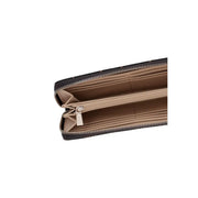 Guess women Emelie logo wallet brown zip pocket W22cm with black patterned exterior beige interior and silver zippers