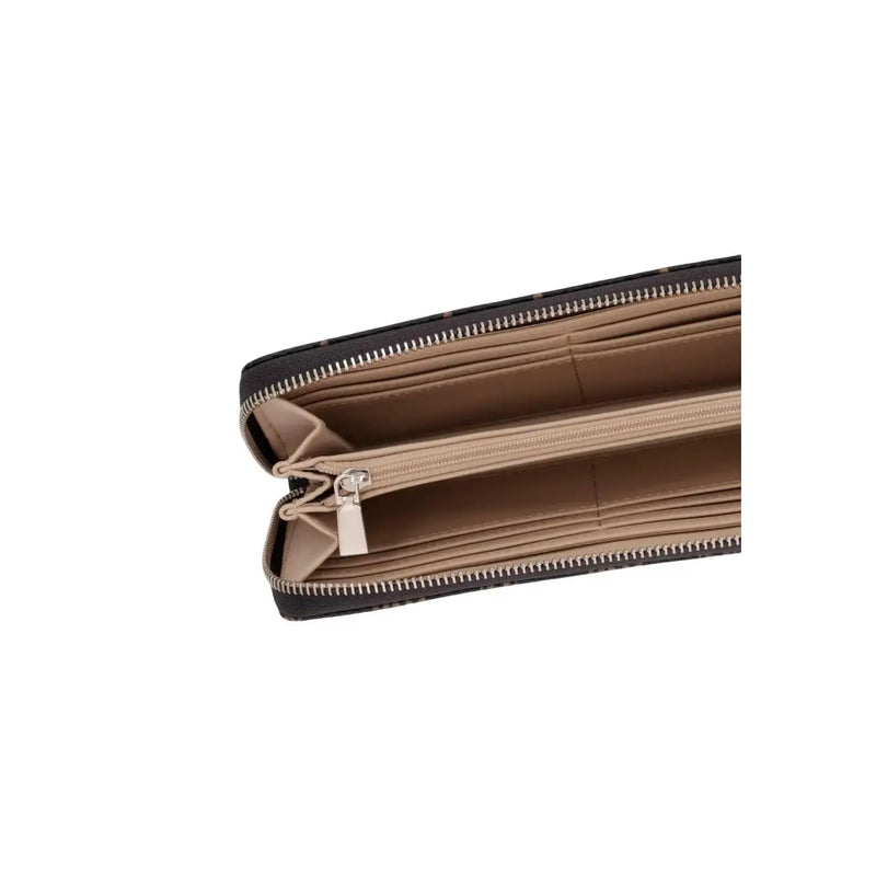 Guess women Emelie logo wallet brown zip pocket W22cm with black patterned exterior beige interior and silver zippers