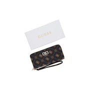 Black Guess wristlet featuring gold-toned logo pattern and metallic clasp suitable for stylish storage