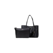 Black textured leather Guess tote bag set with matching pouch and key fob for women fall winter collection