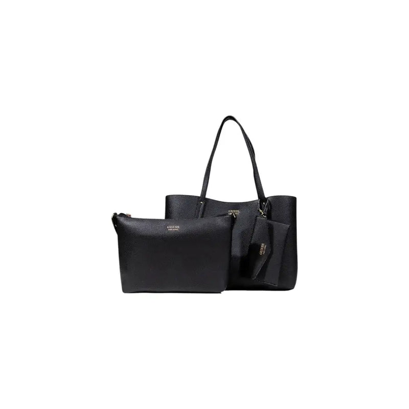 Black textured leather Guess tote bag set with matching pouch and key fob for women fall winter collection