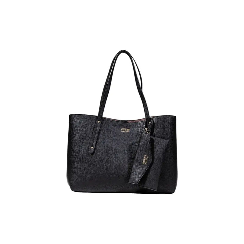 Black pebbled leather tote bag with shoulder straps and detachable pouch for Guess Women Fall Winter collection