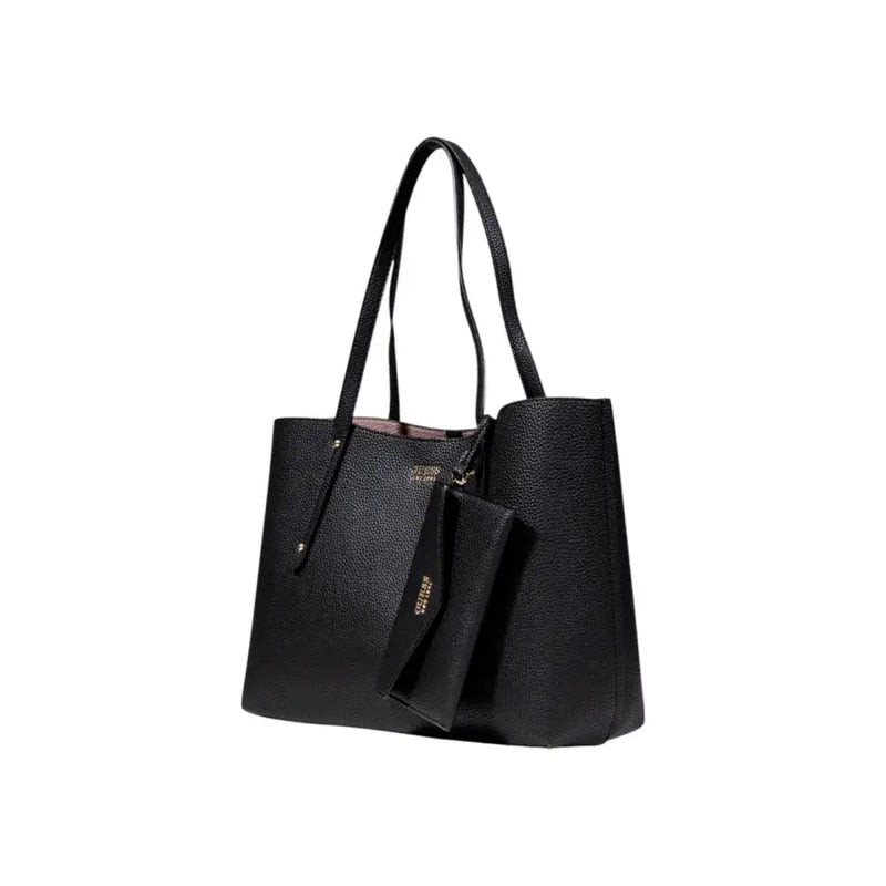Guess women fall winter black textured leather tote bag with matching shoulder straps and attached small wallet