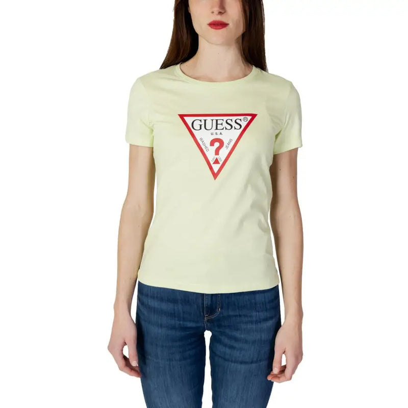 Light yellow Guess women t-shirt with red triangular logo featuring brand name and question mark in cotton fabric