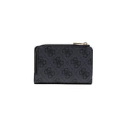 Black Guess women Laurel zip card case wallet in grey polyurethane with repeating logo pattern and silver zipper