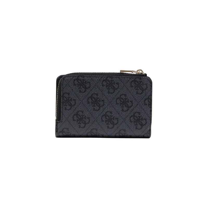 Black Guess women Laurel zip card case wallet in grey polyurethane with repeating logo pattern and silver zipper