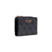 Black Guess women laurel zip card case wallet in grey polyurethane with a subtle pattern and gold-tone logo