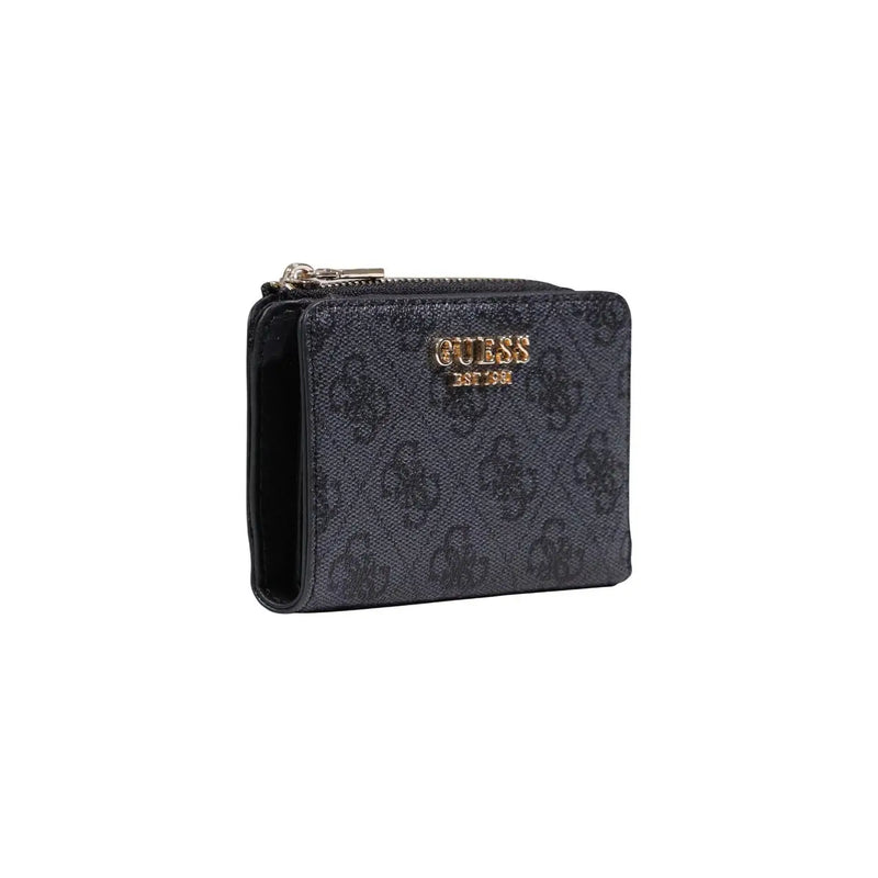 Black Guess women laurel zip card case wallet in grey polyurethane with a subtle pattern and gold-tone logo