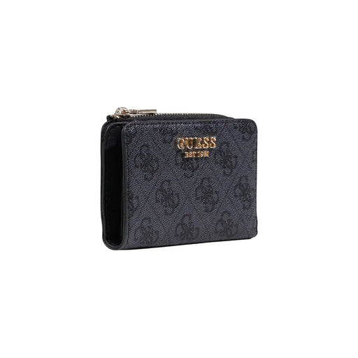 Black Guess women laurel zip card case wallet in grey polyurethane with a subtle pattern and gold-tone logo