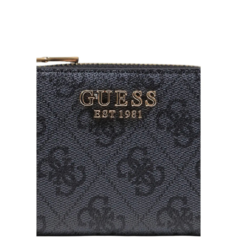 Black guess women laurel zip card case wallet in grey polyurethane with gold-tone logo and zipper detail