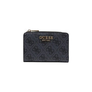 Black guess women laurel zip card case wallet in grey polyurethane with monogram pattern and gold-tone zipper pull