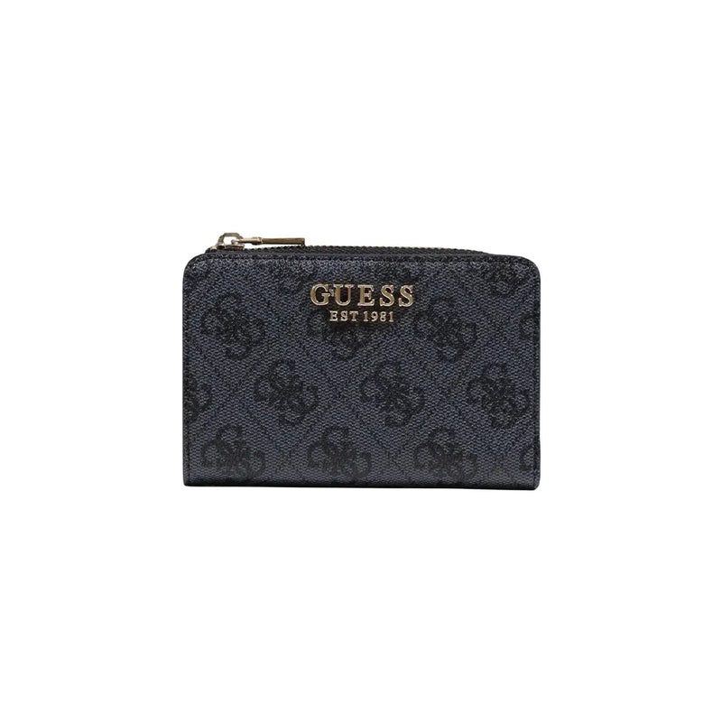 Black guess women laurel zip card case wallet in grey polyurethane with monogram pattern and gold-tone zipper pull