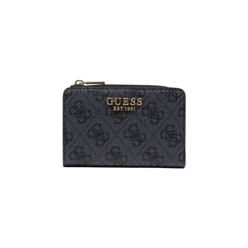 Black guess women laurel zip card case wallet in grey polyurethane with monogram pattern and gold-tone zipper pull