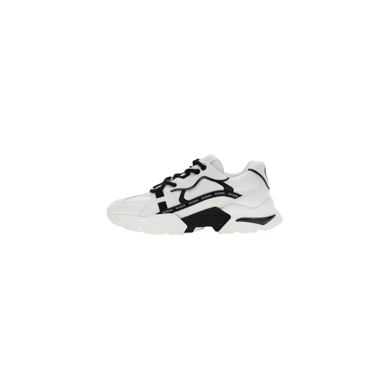 Guess women leather sneakers black and white chunky design with bold geometric pattern and repeated guess logo on the side