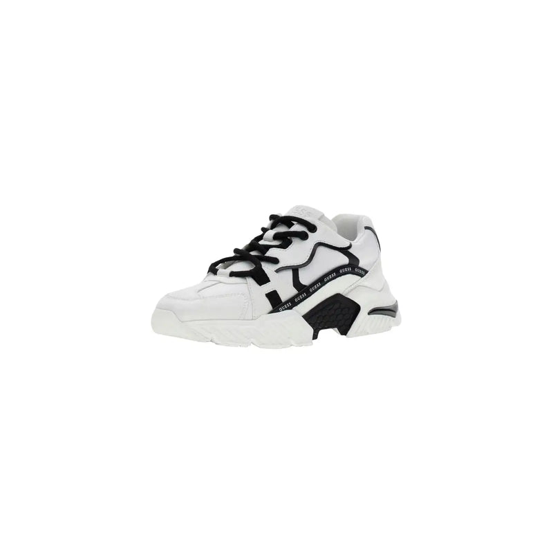 Guess women leather sneakers black featuring a white and black chunky design with repeated guess logo on the side