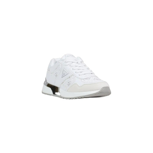 Guess women leather sneakers white lace up with subtle logo detailing and metallic heel accent visible from the back side