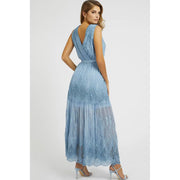 Guess women light blue sleeveless floral silk blend maxi dress with intricate lace detailing and draped back design