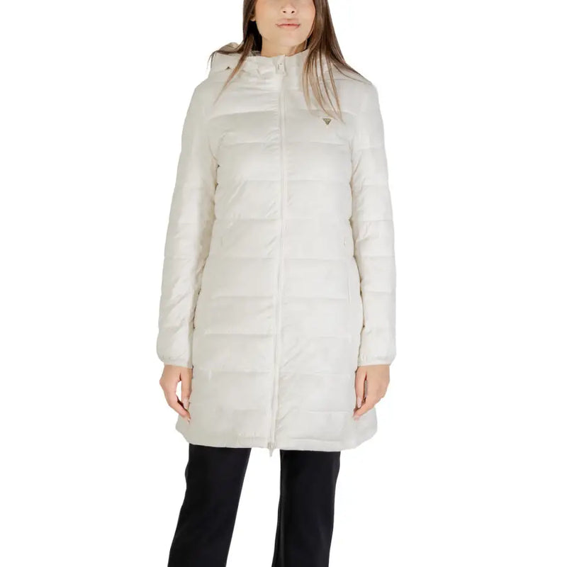 Women’s long-sleeve black puffer coat with hood and front zipper closure for fall winter wear
