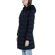 Woman wearing Guess Women Long Black Turtleneck Hooded Fall Winter Jacket