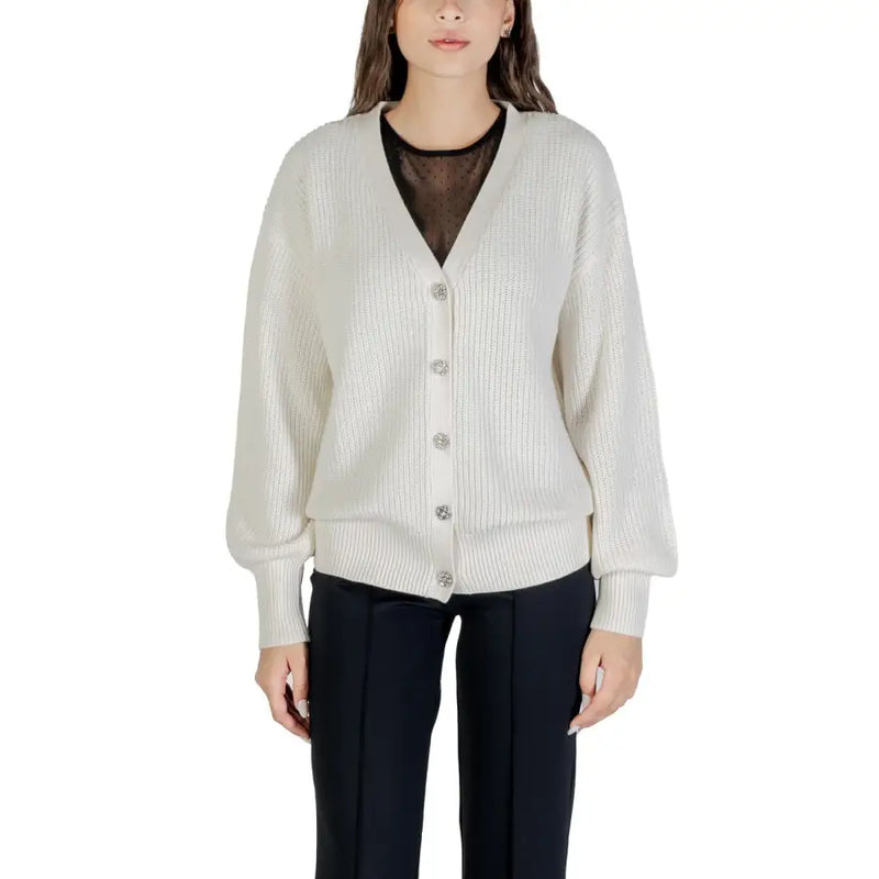 Cream ribbed knit cardigan with embellished buttons from Guess Women Long Black V Neck Buttoned Cardigan