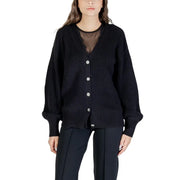 Black ribbed knit Guess Women long V neck buttoned cardigan with embellished buttons