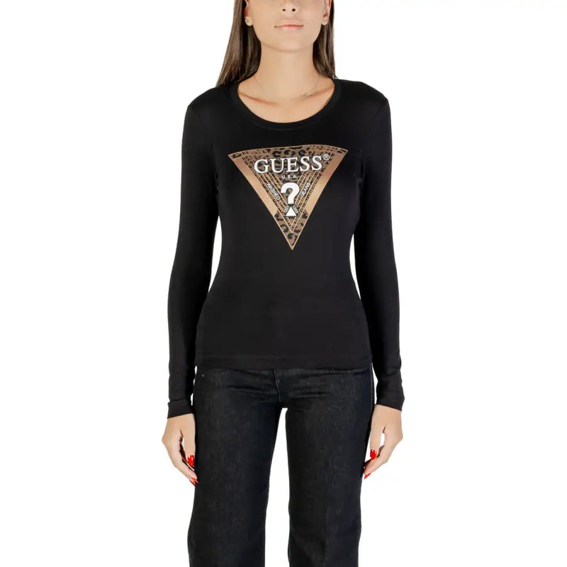 Guess women long sleeve black round neck t shirt with a leopard print and metallic gold accented triangular logo