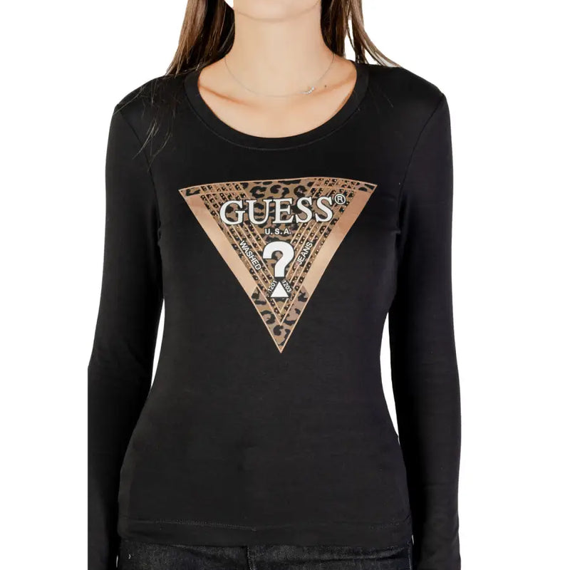 Guess women long sleeve black round neck t shirt with triangular leopard print logo and metallic gold accents