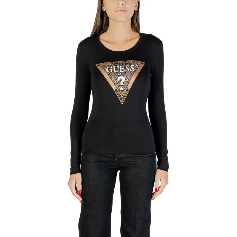 Guess women long sleeve black round neck t shirt with a leopard print and metallic gold accented triangular logo