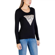 Guess women long sleeve cotton black t shirt with a sparkling silver triangular logo featuring guess and a skull design