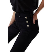 Black cotton Guess women New Faye pant featuring high-waisted design with three silver-toned front buttons