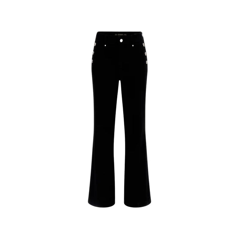 Guess women new Faye pant black velvet flare pants with silver button accents along the sides in cotton material