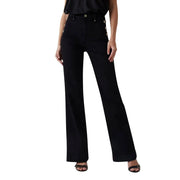 Guess women new faye pant black cotton trousers with high waist flared leg and gold toned button side detailing