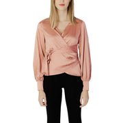 Guess women pink v-neck blouse with lace detail featuring a soft blush pink satin wrap design and tied waistband