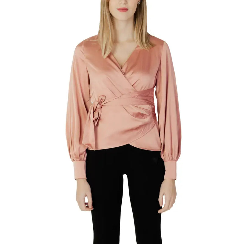Guess women pink v-neck blouse with lace detail featuring a soft blush pink satin wrap design and tied waistband