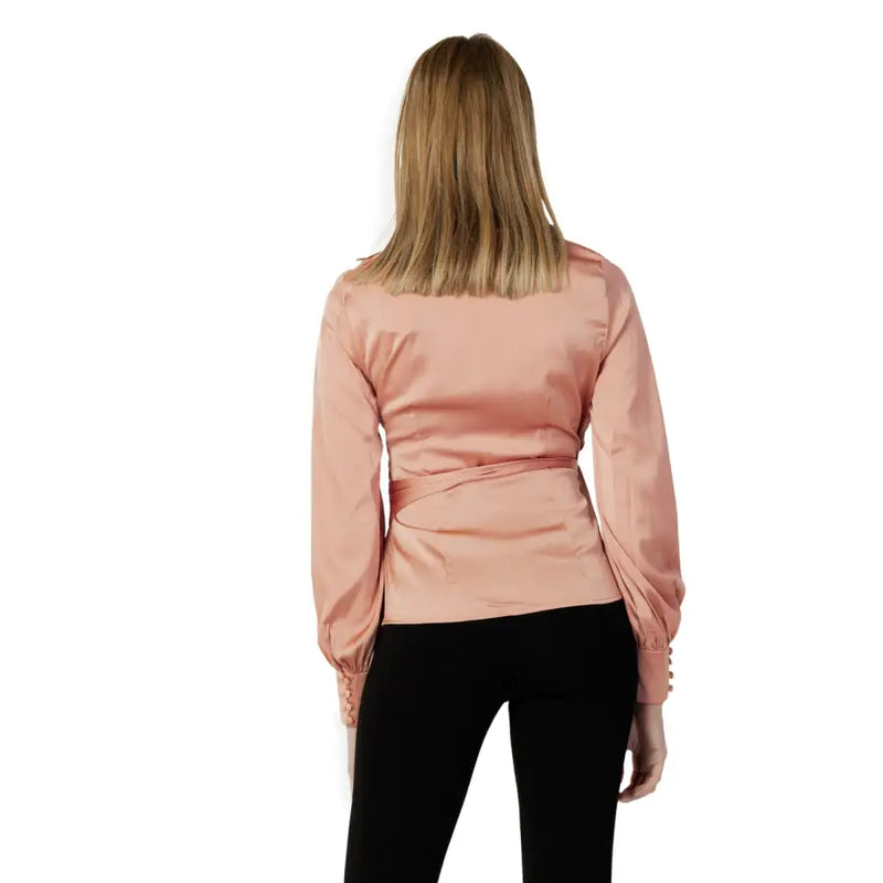 Guess women pink v-neck satin blouse with lace detail long sleeves and cinched waist in soft blush pink