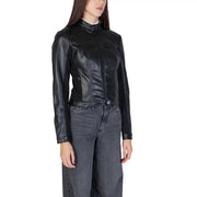Guess women black polycarbonate blazer with high collar and zippered front pockets in faux leather moto style