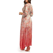 Guess women red floral silk blend dress v neck featuring a flowing long-sleeved maxi design in blush pink to coral gradient
