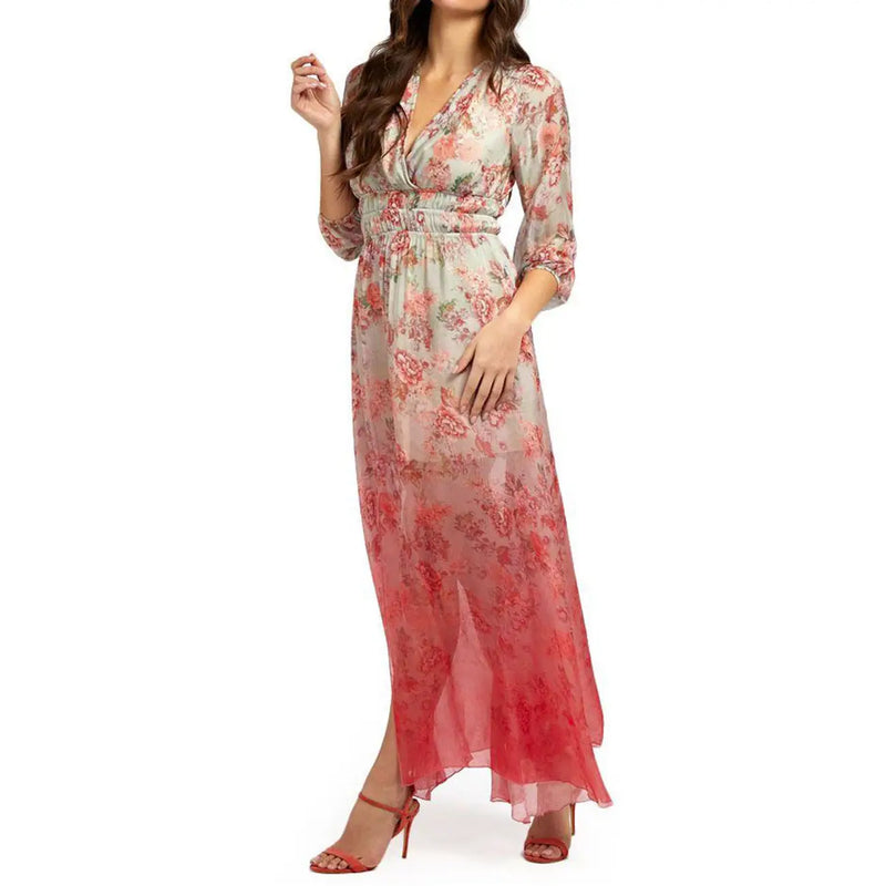 Guess women red floral silk blend dress v neck featuring a flowing long-sleeved maxi design with gradient floral patterns