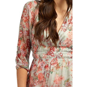Guess women red floral silk blend dress v neck with soft flowing fabric in muted pink and green tones and elastic waistband