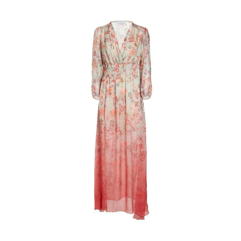 Guess women red floral silk blend dress v neck flowing long sleeved maxi dress with soft pink cream and coral tones