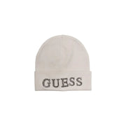 White knit beanie with GUESS in glittery letters, ideal for Fall Winter seasons